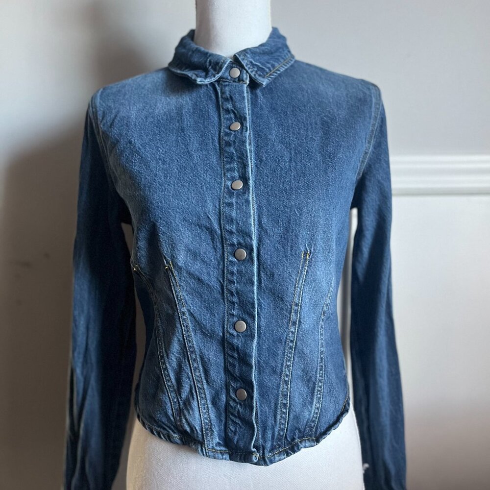 Forever 21 Blue Denim Jacket, Size M, Snap Buttons, Cinched Waist